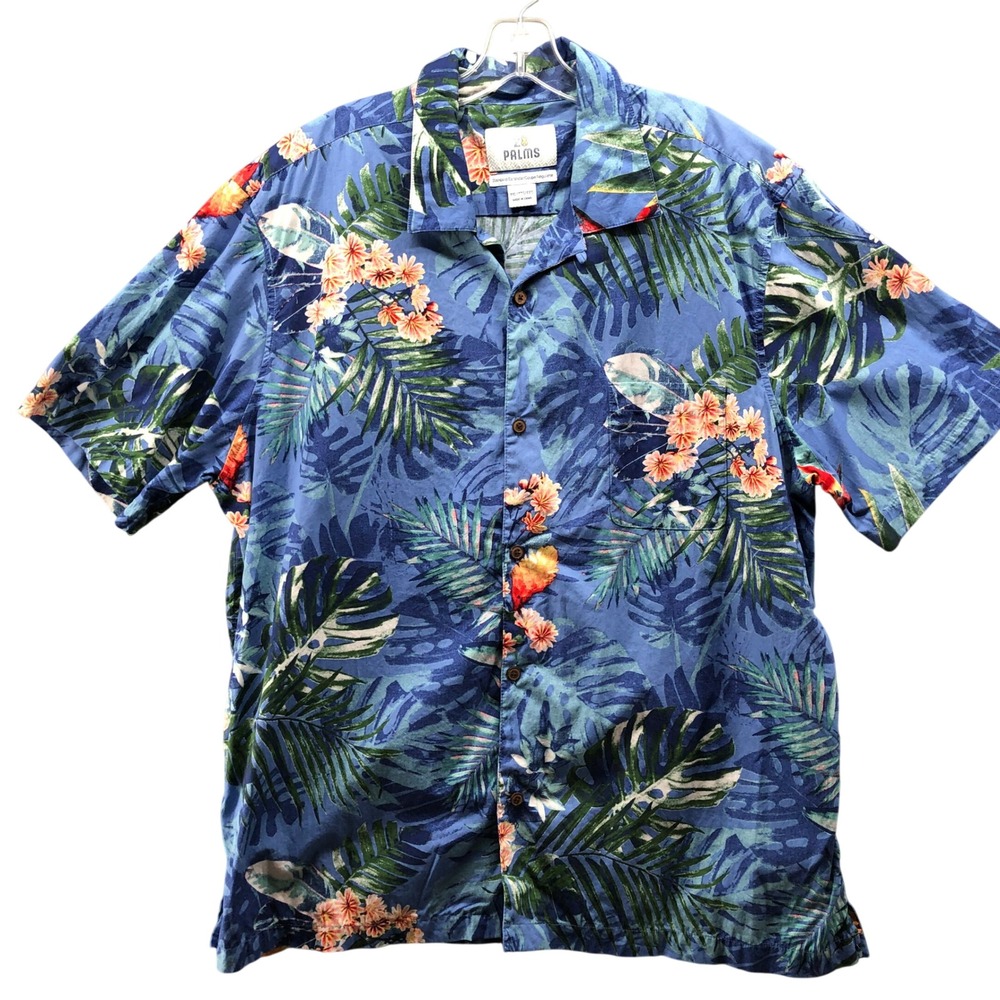 28 Palms Hawaiian Shirt Mens XXL Blue Tropical Floral Camp Collar Cotton Resort